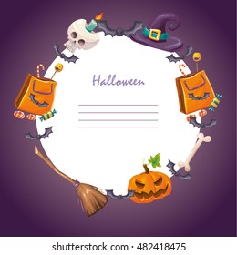 background with circle white frame. Orange pumpkin, witch cauldron hat, skull candlestick, paper bag with party candies, flying bats and other Halloween symbols.