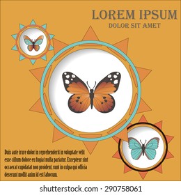 Background with circles and butterflies.  Volumetric background simulating paper.  Vector butterfly
