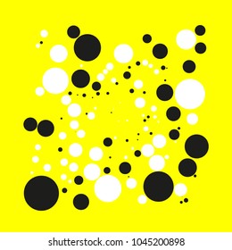 Background with circles, dots and points of different scale. Abstract geometric pattern. Black and white on yellow vector illustration for creating modern art backgrounds, patterns Grunge urban style.