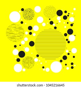 Background with circles, dots and points of different scale. Abstract geometric pattern. Black and white on yellow vector illustration for creating modern art backgrounds, patterns Grunge urban style.