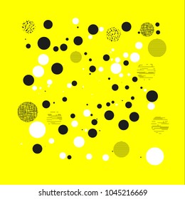 Background with circles, dots and points of different scale. Abstract geometric pattern. Black and white on yellow vector illustration for creating modern art backgrounds, patterns Grunge urban style.