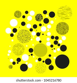Background with circles, dots and points of different scale. Abstract geometric pattern. Black and white on yellow vector illustration for creating modern art backgrounds, patterns Grunge urban style.