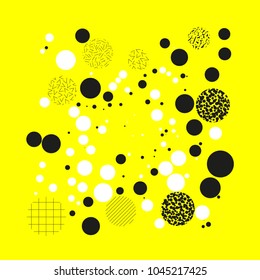 Background with circles, dots and points of different scale. Abstract geometric pattern. Black and white on yellow vector illustration for creating modern art backgrounds, patterns Grunge urban style.