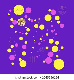 Background with circles, dots and points of different scale Abstract geometric pattern. Violet, yellow, pink color. Vector illustration for creating modern art backgrounds, patterns Grunge urban style