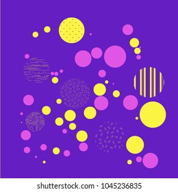Background with circles, dots and points of different scale Abstract geometric pattern. Violet, yellow, pink color. Vector illustration for creating modern art backgrounds, patterns Grunge urban style