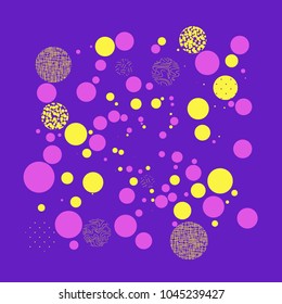 Background with circles, dots and points of different scale Abstract geometric pattern. Violet, yellow, pink color. Vector illustration for creating modern art backgrounds, patterns Grunge urban style