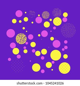Background with circles, dots and points of different scale Abstract geometric pattern. Violet, yellow, pink color. Vector illustration for creating modern art backgrounds, patterns Grunge urban style