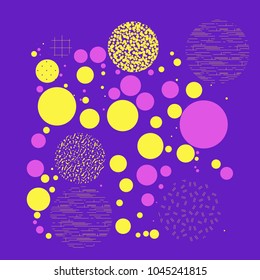 Background with circles, dots and points of different scale Abstract geometric pattern. Violet, yellow, pink color. Vector illustration for creating modern art backgrounds, patterns Grunge urban style