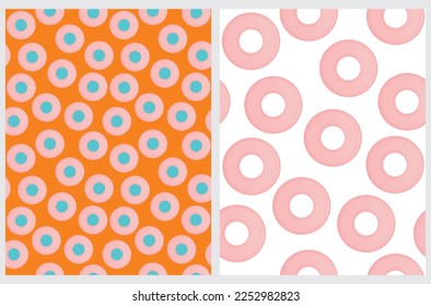 Fondo con círculos y puntos. Patrones de vectores Geométricos sin soldadura con puntos rosados y azules aislados en un fondo blanco y naranja. Impresión con puntos repetibles ideal para tejidos, textiles.
