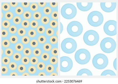 Background with Circles and Dots. Simple Geometric Seamless Vector Patterns with Blue, Gray and Yellow Dots Isolated on a White and Pastel Blue Background. Repeatable Dotted Print ideal for Fabric.