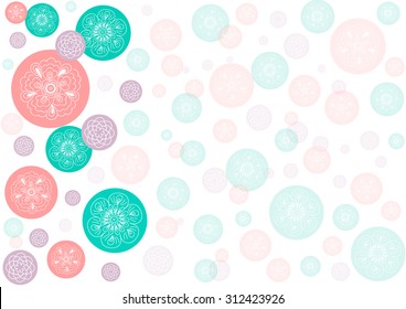 Background with circles and hand-drawn white flowers. Pastel background. Translucent background