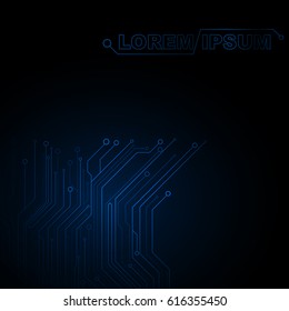 Background of the circuit. New technologies in design on a black background. Glowing blue pattern, different monotonous colors. Connected lines with circles