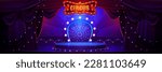 Background with circus stage and red theater curtains. Vintage interior inside circus tent. Carnival show circle podium with frame with light bulbs and drapery, vector cartoon illustration