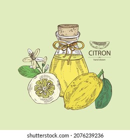 Fondo con citrón: frutas, flores de citrón, hojas y rodajas de zedrate y botella de aceite esencial de citrón. Cosmética, perfumería y planta médica. Ilustración de vectores dibujada a mano
