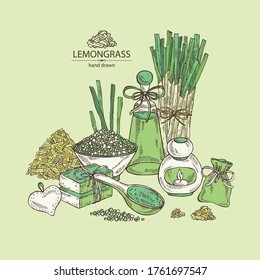Background with citronella, lemongrass plant, soap and bath salt . Cosmetic and medical plant. Vector hand drawn illustration. 
