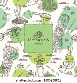Background with citronella, lemongrass plant, soap and bath salt . Cosmetic and medical plant. Vector hand drawn illustration. 
