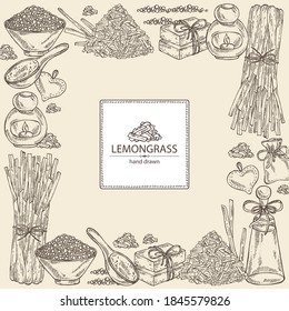 Background with citronella, lemongrass plant, soap and bath salt . Cosmetic and medical plant. Vector hand drawn illustration. 