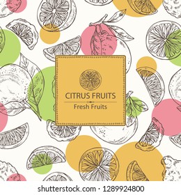Background with citrus fruitst: orange, lime, grapefruit and bergamot. Vector hand drawn illustration.