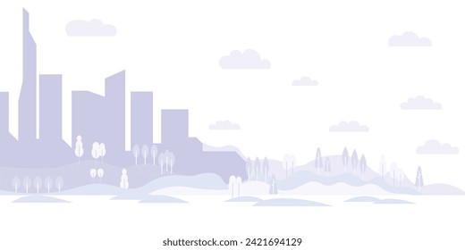 Background of the city and nature in light blue colors, monochrome cityscape, modern architecture, trees and fields.