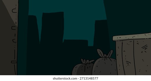 El fondo es una ciudad por la noche, con una bolsa de basura colocada al lado de un bote de basura.