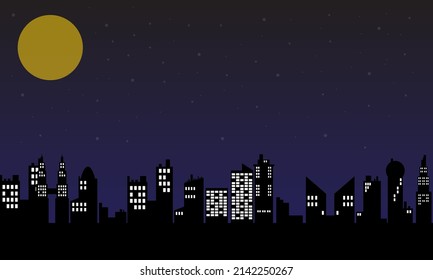 Background City Night with silhouettes of urban buildings and night atmosphere with the moon.