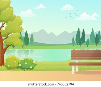 Background of city park in spring with trees, bushes and bench
