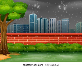 Background city scene with thunderstorm and lightning