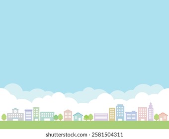 Background of city and town landscape. Buildings, schools, houses, trees and street trees against a cloudy sky background.