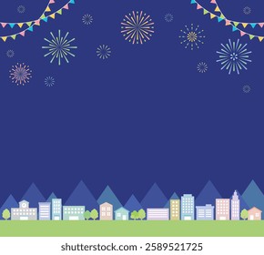 Background of a city and town landscape with a festival concept. There are fireworks and garlands in the night sky, and buildings, schools, houses, trees, and street trees in the town.