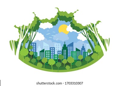 Background with city view. Green lawn with trees, scyscrapers.