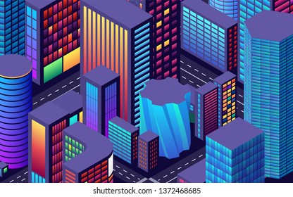 Background with city view with isometric perspective and vibrant shiny neon colors