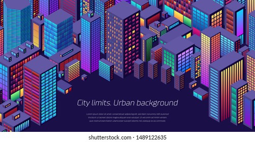 Background with city view with isometric perspective and vibrant shiny neon colors
