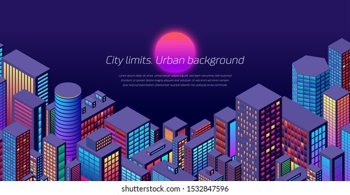 Background city view with sun and isometric perspective with vibrant shiny neon colors
