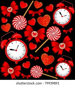 background with classic alarm clock, bows, sweets