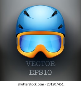 Background of Classic Ski blue helmet and orange snowboard goggles. Winter mountain vacation. Vector isolated on white background
