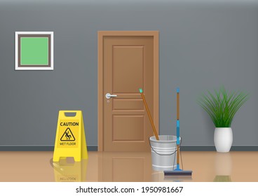 fondo de limpieza en curso en la habitación con señal de suelo húmedo y cubo de agua con mopa