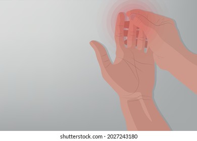 Antecedentes de dolor de mano de cierre con un círculo rojo, fondo gris. Salud y concepto médico
