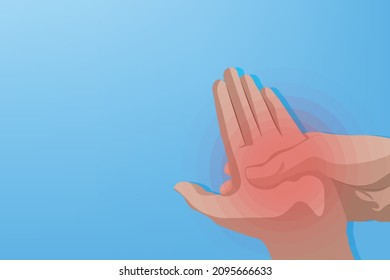 Background of Close up Hand pain with a red circle with Light blue background. Healthcare and Medical concept