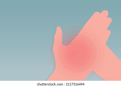 Background of Close up Hand pain with a red circle with dull light blue background. Healthcare and Medical concept