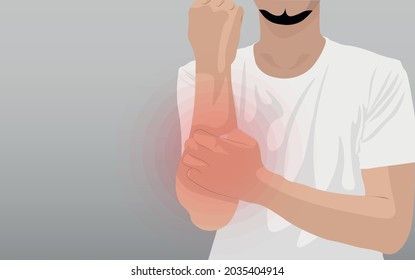 Background of Close up man touch his arm with a red circle, grey background. Healtcare and Medical concept