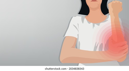 Background of Close up woman touch her arm with a red circle, grey background. Healtcare and Medical concept