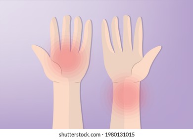 Hintergrund von Nahaufnahme Schmerzen am Handgelenk mit rotem Kreis, hellgrauer Hintergrund. Gesundheitswesen und Medizin-Konzept