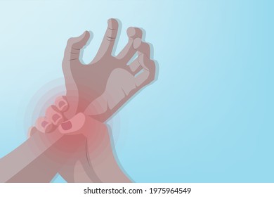 Background of Close up Wrist pain with a red circle and Light blue background. Healthcare and Medical concept