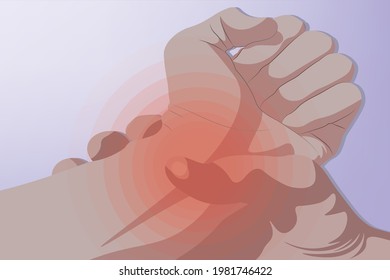 Background of Close up Wrist pain with a red circle, Light purple background. Healthcare and Medical concept