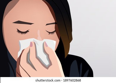 Background of Close up young asian woman got sick, flu and nose allergy sneezing in a tissue