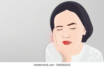 Background of Closeup Woman hand on cheek face as suffering from facial pain or toothache. Healthcare and Medical concept