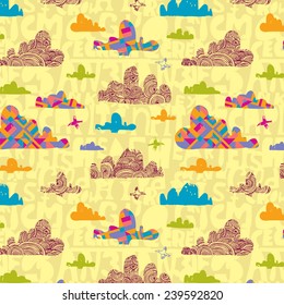 Background with clouds and birds, decorative geometric and abstract elements. Vector illustration.