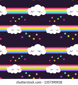 Background of clouds, colored stars and a horizontal rainbow. Seamless pattern.Vector illustration.