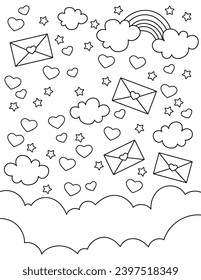 Background with clouds, hearts and letters. Background. Coloring book. Black and white vector illustration.