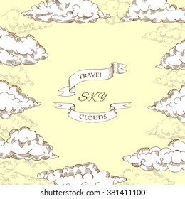  Background with clouds sketches. Hand drawn sky vector illustration